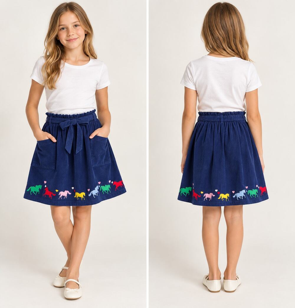 Hanna Andersson Embroidered Horse Corduroy Skirt 160 14-16 Navy Blue Girlss